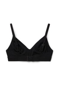 Zwarte bralette van zachte stof, met een V-halsontwerp, verstelbare bandjes en een haak-en-oogsluiting op de rug. Zonder draadconstructie.
