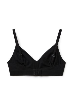 Zwarte bralette van zachte stof, met een V-halsontwerp, verstelbare bandjes en een haak-en-oogsluiting op de rug. Zonder draadconstructie.