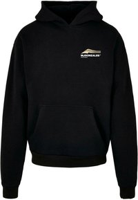 Zwarte hoodie van een katoenmix, met een voorzak in kangoeroestijl, ribgebreide manchetten en onderrand, met een wit en gouden logo op de linkerborst.