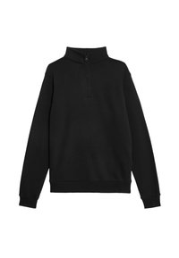 Sudadera negra, tela suave, cuello con cremallera de un cuarto, mangas largas, puños y dobladillo acanalados, diseño simple sin patrones ni acentos.