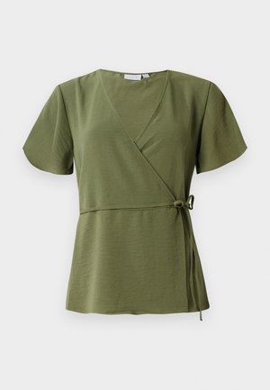 Olive green wrap top, short sleeves, V-neck design, tie at the waist, made of lightweight fabric with a smooth texture.