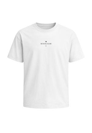 White short-sleeve crew neck T-shirt with small black text "NEVERLESS®" and a small star symbol centered on the chest.