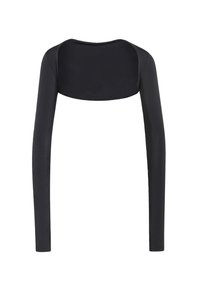 Czarna bluzka z długim rękawem, z szerokim dekoltem i gładką, jednolitą fakturą. Krój dopasowany, bez widocznych zapięć czy zdobień.