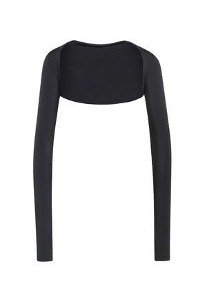 Schwarzes Langarmoberteil mit weitem Ausschnitt und glatter, eleganter Textur. Das Design ist eng anliegend, ohne sichtbare Verschlüsse oder Verzierungen.