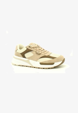 Scarpa sportiva beige che presenta una combinazione di materiali scamosciati e in rete, suola ammortizzata e dettagli testurizzati sui lati.