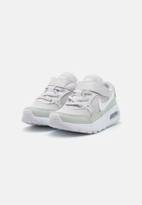 Des sneakers Nike avec une tige en mesh et cuir dans des tons de gris clair et vert menthe. Elles disposent d'un col rembourré et d'une sangle ajustable pour un maintien sécurisé.