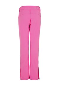 Roze broek van een gladde, rekbare stof met een uitlopende pasvorm, voorzien van ritsen bij de enkels en een middenhoge tailleband.