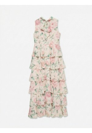 Sukienka maxi bez rękawów, z warstwami, w różowy kwiatowy wzór, zielone liście i ozdobna kokarda przy szyi na jasnobeżowym tle.