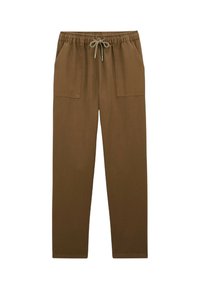 Pantalon en coton marron avec une taille élastique et un cordon de serrage, doté de deux poches latérales. Texture lisse et coupe droite.