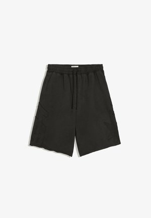 Short noir à taille élastique avec cordon, poches latérales et motifs subtils en relief d'étoiles et de lettres sur les jambes.