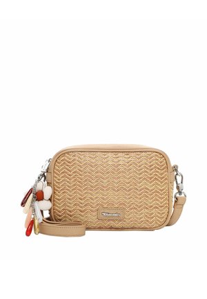 Small beige woven crossbody bag with leather trim, multicolored decorative charms on the side, and silver clasp hardware.