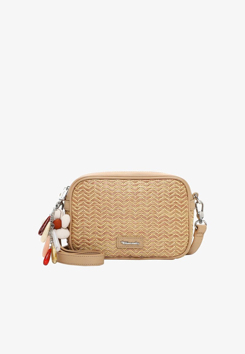 Small beige woven crossbody bag with leather trim, multicolored decorative charms on the side, and silver clasp hardware.