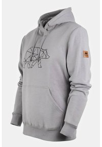 Grau Hoodie aus weichem Stoff, mit einem geometrischen Bärenmotiv in Schwarz, Kängurutasche und gerippten Bündchen. Lederakzent am Ärmel.