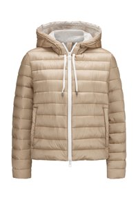 Beiger Stepp-Puffer mit horizontaler Steppung, weißem Reißverschluss und Kapuze mit Kordelzug. Hergestellt aus glattem Stoff mit leichtem, isolierendem Design.