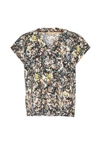 Blomstret bluse med korte ærmer, prydet med multikolor blomstermotiv på sort baggrund. Letvægtsstof med V-udskæring og afslappet pasform.