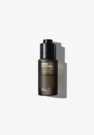 Black glass bottle with a pump, featuring a frosted gradient. Label reads "RETINOL SUPER SERUM 0.3% pure retinol + niacinamide."