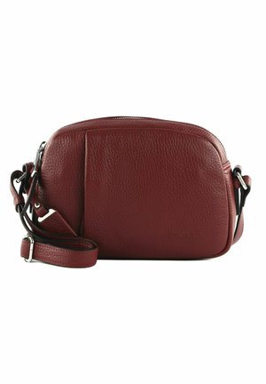 Rote Leder-Umhängetasche mit abgerundetem oberen Teil, Reißverschluss und verstellbarem Tragegurt. Strukturierte Oberfläche und flaches Taschenfach vorne.