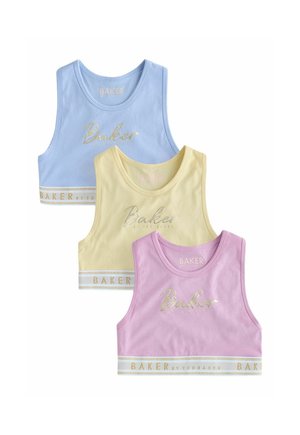 Drei kurz geschnittene ärmellose Oberteile in Blau, Gelb und Pink, jeweils mit goldener Beschriftung "Baker by Ted Baker" und Logo auf der Brust und dem Saumband.