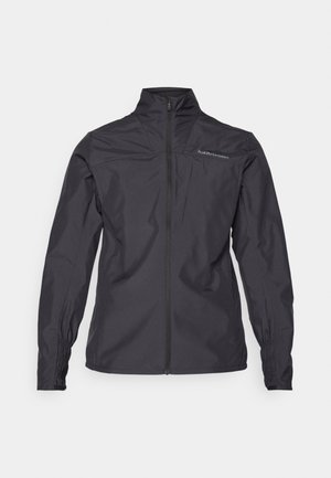 Black lightweight jacket featuring a tall collar, full front zipper, elastic cuffs, and a logo on the left chest area. Smooth texture.