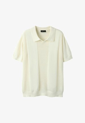 Kurzärmliges, cremefarbenes Strick-Poloshirt mit strukturierten vertikalen Streifen und geripptem Saum sowie Bündchen.