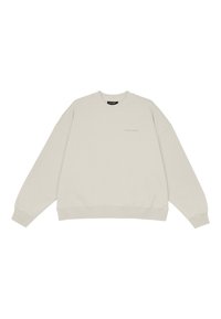 Lys grå oversized sweatshirt med rund hals, lange ærmer og ribbede manchetter. Har et subtilt logo i centrum foran. Fremstillet af blødt stof.