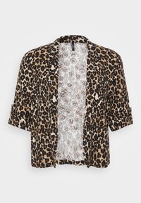 Leopard print jacket made of soft fabric, featuring short sleeves, an open front, and a contrasting light-colored inner lining.
