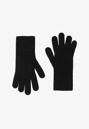 Guanti neri lavorati a maglia con polsini a coste. Il guanto sinistro ha una texture liscia, mentre il guanto destro presenta un motivo a diamante in rilievo sul palmo.