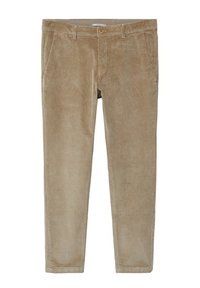 Pantalon beige en velours côtelé avec poches avant, passants pour ceinture et fermeture à bouton à la taille, présenté à plat sur fond blanc.