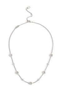 Collana in argento con charm a forma di fiore alternati a piccole gemme rotonde trasparenti, dotata di chiusura a gancio e prolunga regolabile.