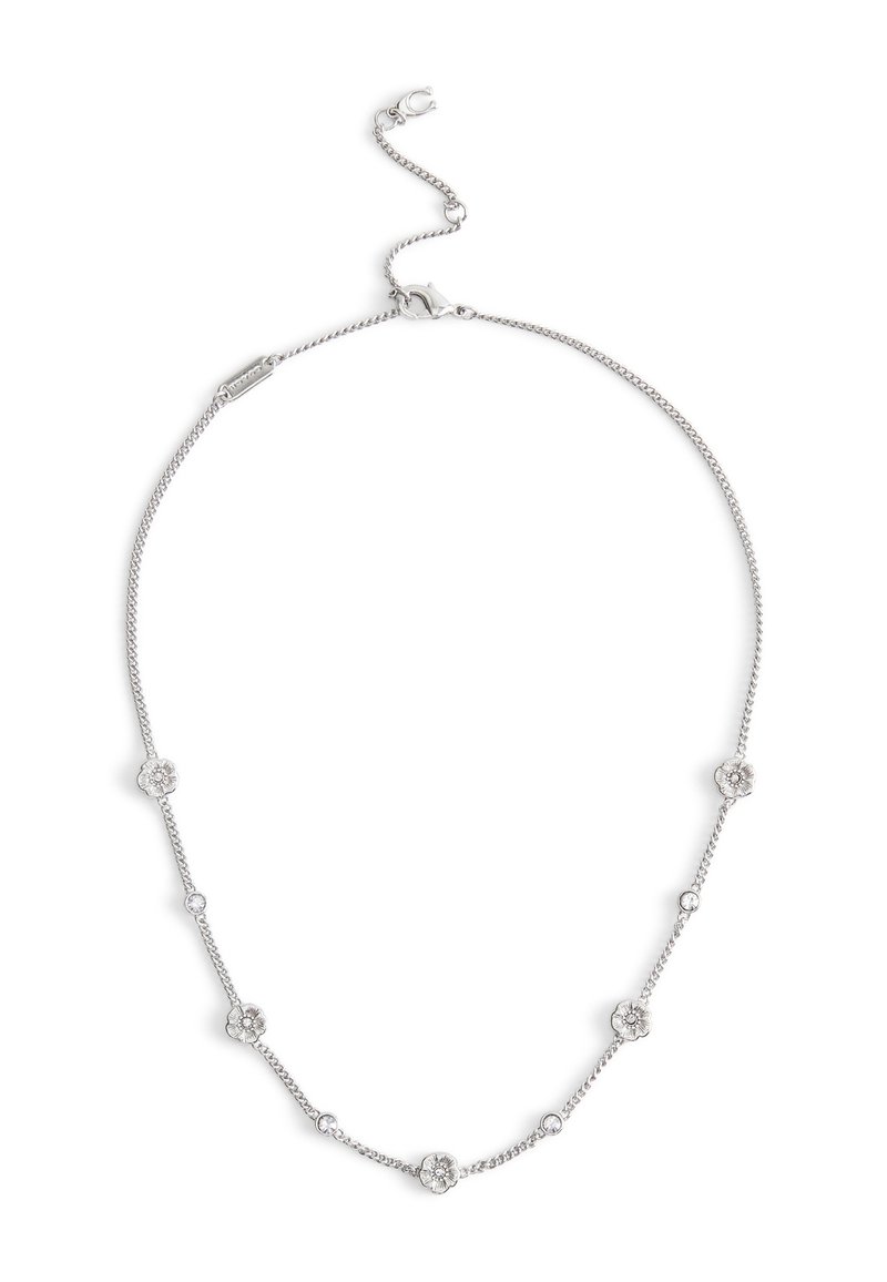 Collana in argento con charm a forma di fiore alternati a piccole gemme rotonde trasparenti, dotata di chiusura a gancio e prolunga regolabile.