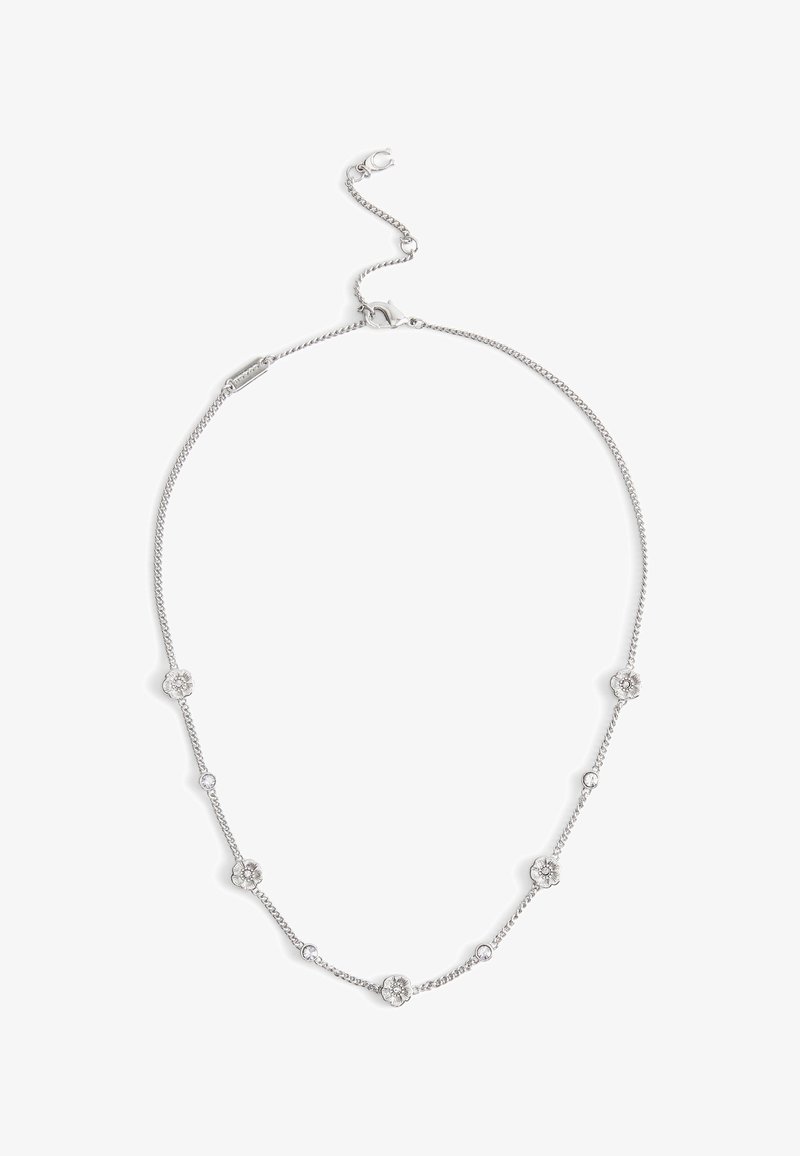 Collana in argento con charm a forma di fiore alternati a piccole gemme rotonde trasparenti, dotata di chiusura a gancio e prolunga regolabile.