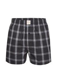 Pantaloni boxer in cotone a quadri neri e grigi con elastico in vita e chiusura a bottone frontale, etichetta al centro della vita.