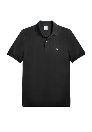 Schwarzes Poloshirt aus Baumwolle, mit klassischem Kragen, kurzen Ärmeln und einem kleinen gestickten Logo auf der linken Brust.