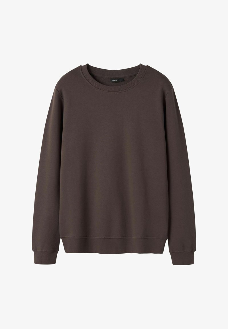 Hnedá mikina s okrúhlym výstrihom, dlhými rukávmi, rebrovanými manžetami a lemom. Vyrobená z mäkkej látky s jednoduchým, nezdobeným dizajnom.