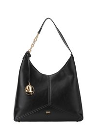 Sac à épaule en cuir noir avec un design structuré, quincaillerie en ton doré et un charme emblématique. Dispose d'une seule sangle et d'une base plate.