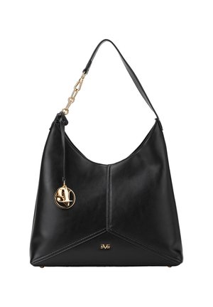 Schwarze Leder-Schultertasche mit strukturiertem Design, goldfarbener Hardware und einem emblematischen Anhänger. Verfügt über einen einzelnen Trageriemen und einen flachen Boden.