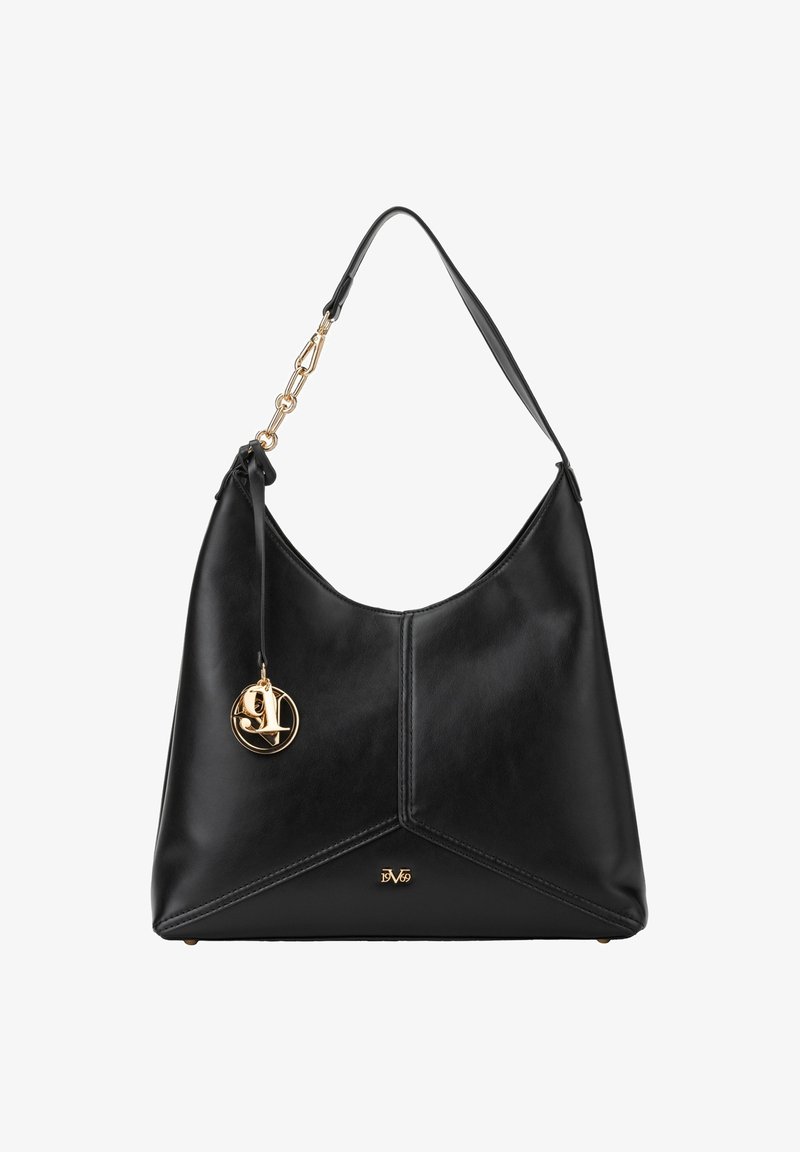 Black leather shoulder bag with a structured design, gold-tone hardware, and an emblematic charm. Features a single strap and a flat base.