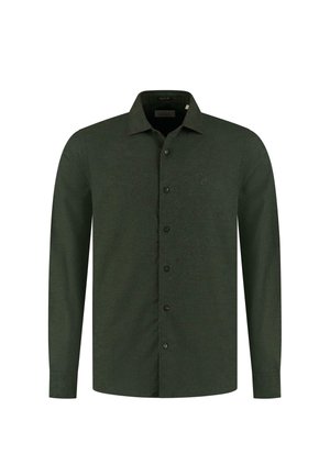 Mørkegrøn langærmet skjorte med knap-down krave og frontlukning med knapper. Har et subtilt logo på brystet og en glat tekstur.