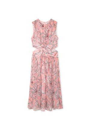 Ärmelloses rosa Midikleid mit Falten, tailliertem Ausschnitt und abstraktem weißen und grauen Muschel- und Seilmuster.