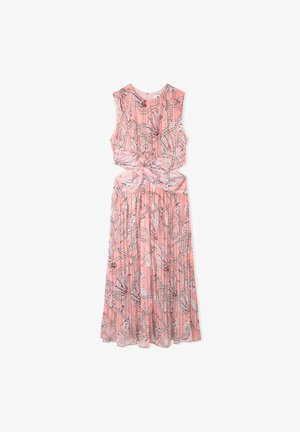 Ärmelloses rosa Midikleid mit Falten, tailliertem Ausschnitt und abstraktem weißen und grauen Muschel- und Seilmuster.