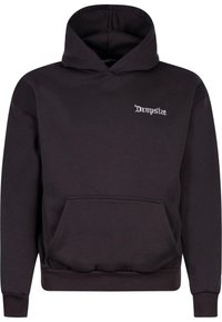 Schwarzer Kapuzenpullover aus Baumwolle, mit einer Vordertasche, gerippten Bündchen und einem kleinen weißen "Dropsize"-Logo auf der Brust.