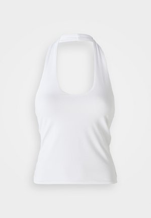 Hvit halterneck-top med scoop-hals, laget av glatt, elastisk stoff. Har et minimalistisk design uten dekorasjoner eller mønstre.