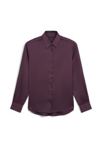 Chemise à manches longues et à boutons de couleur violet foncé, en tissu lisse. Présente un col classique et un ourlet arrondi.