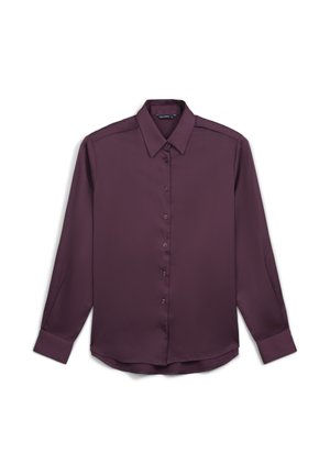 Camicia a maniche lunghe, con bottoni, di colore viola scuro, realizzata in un tessuto liscio. Presenta un colletto classico e un orlo della camicia arrotondato.