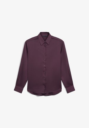 Chemise à manches longues et à boutons de couleur violet foncé, en tissu lisse. Présente un col classique et un ourlet arrondi.