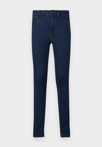 Skinny jeans in dark blue denim with a smooth texture, featuring a classic five-pocket design and contrasting gold stitching.