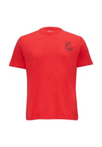 Rode katoenen T-shirt met korte mouwen. Voorzien van een ronde halslijn en een bedrukte logo aan de voorkant in donkerblauw. Eenvoudig, klassiek ontwerp.