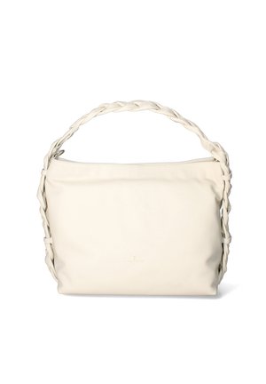 Sac à main en cuir blanc avec une poignée tressée. Texture douce avec une forme légèrement décontractée. Dispose d'une fermeture éclair et d'une signalétique discrète.