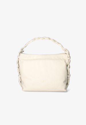 Sac à main en cuir blanc avec une poignée tressée. Texture douce avec une forme légèrement décontractée. Dispose d'une fermeture éclair et d'une signalétique discrète.