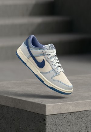 Valge ja sinine Nike tennisking, mille paelad on seotud, hõljumas betoonpiirde kohal, taustal udused trepid.